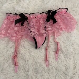 Pink & black sexy lace garter w/clips thong panty